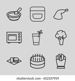 Food icons set. set of 9 food outline icons such as cauliflower, porridge, cream, french fries, soda and burger, meat leg, cocktail, microwave