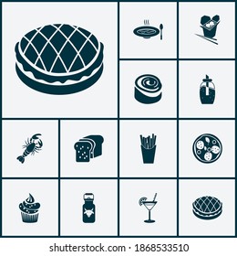 Food icons set with apple pie, milk can, lobster and other toast bread elements. Isolated vector illustration food icons.