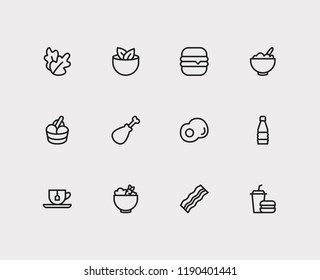 Food icons set. Bacon and food icons with tea, salad and protein. Set of liquid for web app logo UI design.