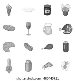 Food icons set in black monochrome style. Different kind of meals set collection vector illustration