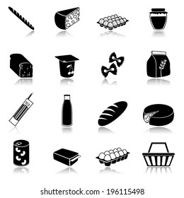 Food icons set of bread milk bottle egg box flour pack isolated vector illustration