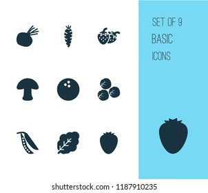 Food icons set with brussels sprouts, strawberry, fruit and other coconut elements. Isolated vector illustration food icons.