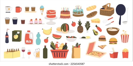 Food icons set. Cartoon fruits, vegetables, meals, fast food dish, drinks, beverages, coffee cups, cooking utensils, supermarket bags and baskets isolated. Vector illustration