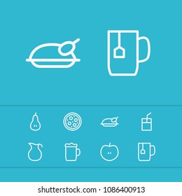 Food icons set with chicken, pizza and apple elements. Set of food icons and natural drink concept. Editable vector elements for logo app UI design.