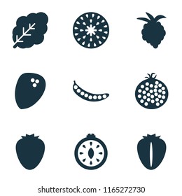 Food icons set with coconut, peas, strawberry and other blackberry elements. Isolated vector illustration food icons.