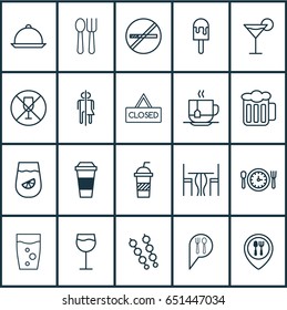 Food Icons Set. Collection Of Closed Placard, Check In, Cutlery And Other Elements. Also Includes Symbols Such As Fork, Placard, Coffee.