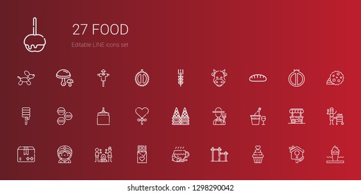 food icons set. Collection of food with cupcake, bar, coffee, chocolate, smore, seer, package, champagne, farmer, ice cream, lollipop, oat, macarons. Editable and scalable food icons.