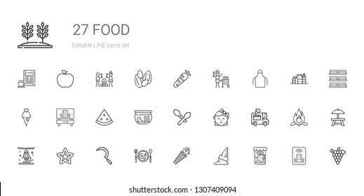 food icons set. Collection of food with fish food, ice cream, confetti, breakfast, sickle, carambola, animals, ice cream car, baby, spoon, fishbowl. Editable and scalable icons.