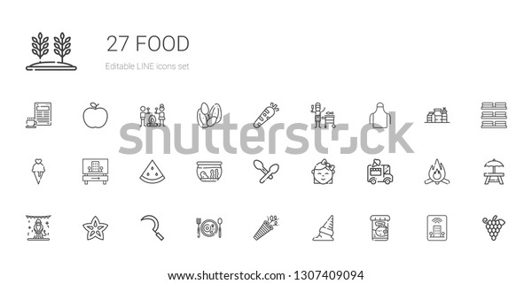 food icons set.\
Collection of food with fish food, ice cream, confetti, breakfast,\
sickle, carambola, animals, ice cream car, baby, spoon, fishbowl.\
Editable and scalable\
icons.