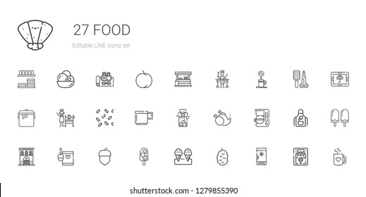 food icons set. Collection of food with freezer, berry, ice cream, popsicle, hazelnut, candy, hotel, coffee maker, without, cookies, mug, sprinkles. Editable and scalable food icons.