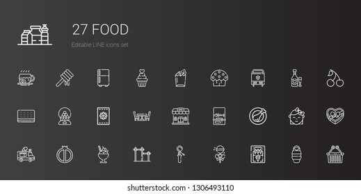 food icons set. Collection of food with ice cream machine, lollipop, scoop, bar, ice cream, watermelon, ice cream truck, chicken leg, fishbone. Editable and scalable food icons.