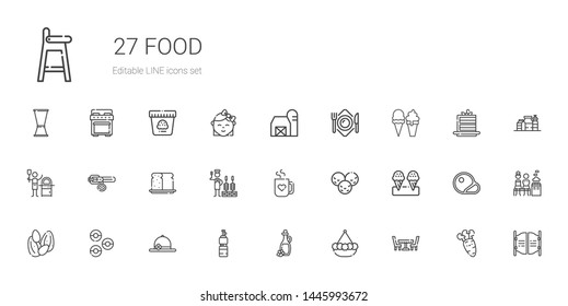 food icons set. Collection of food with table, pot, olive oil, bottle, pamela, donuts, seeds, ice cream, mug, churrasco, bread, collar, pizza. Editable and scalable food icons.