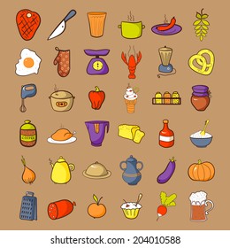 Food icons set, colorfool doodle cooking illustrations
