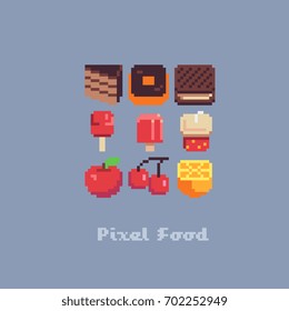 food icons set, confectionery sweets and fruits pixel art style vector illustration sprites. 16x16 pixels resolution.