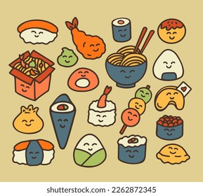 Food icons. Set of cute Japanese food characters. Draw the illustration by hand. Late style.
