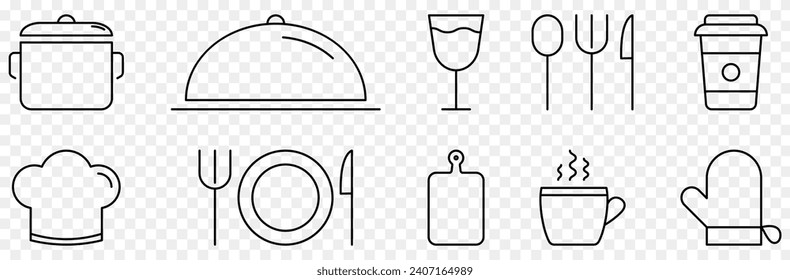 Food icons. Set of cutlery icons such as pot, tray, wine glass, knife, fork, spoon, cup, chef hat, cutting board and oven mitt  isolated on transparent background
