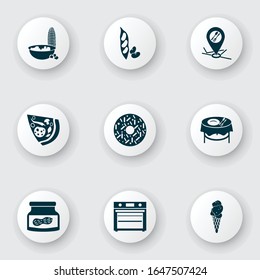 Food icons set with dining table, ice cream, popcorn and other cafe pin elements. Isolated vector illustration food icons.