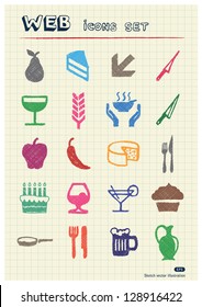 Food icons set drawn by color pencils. Hand drawn vector elements pack isolated on paper