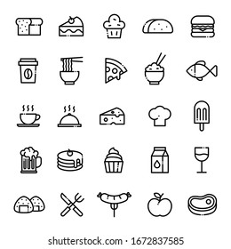 Food Icons Set With Editable Stroke. Vector Line Icons. Containing Icons As Bread, Cake, Muffin, Taco, Hamburger, Coffee, Noodles, Pizza, Rice, Fish, Cheese, Cook Hat, Ice Cream, Beer, Milk, Sausage.