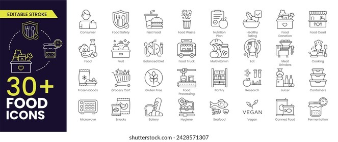 Food icons set of Editable Stroke Icons Contains Fast Food, Food Safety, Nutrition Plan,  Healthy Eating, Meat Grinders, Cooking, Seafood, Vegan,  Canned Food,  Fermentation. Outline symbol collection