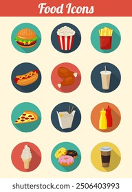 Food icons set. Fast food icons. Modern flat design. Vector illustration