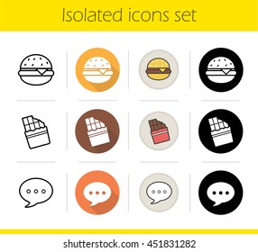 Food icons set. Flat design, linear, black and color styles. Burger, bitten chocolate bar and chat bubble. Fast food. Isolated vector illustrations