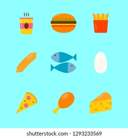 Food icons set in flat style on blue background. Vector illustration.