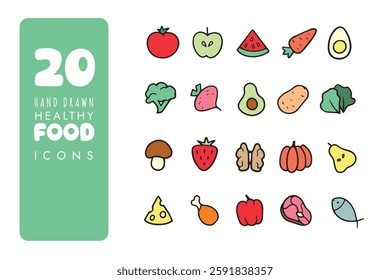 Food icons set with fruits, meal, vegetables, vector
