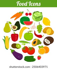 Food icons set. Fruits and Vegetables icons. Modern flat design. Vector illustration