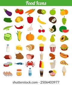 Food icons set. Fruits and Vegetables icons. Fast food icons. Modern flat design. Vector illustration