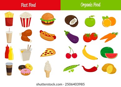 Food icons set. Fruits and Vegetables icons. Fast food icons. Modern flat design. Vector illustration