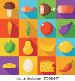 food icons set with fruits and vegetables meat fish mushroom egg pepper cheese bread sausage