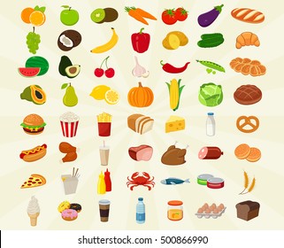 Food icons set. Fruits and Vegetables icons. Fast food icons. Modern flat design. Vector illustration