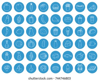 Food icons set. Fruits, Vegetables, Fast food and every day food. Outline icons style. Vector 