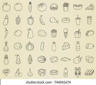 Food icons set. Fruits, Vegetables, Fast food and every day food. Outline icons style. Vector illustration