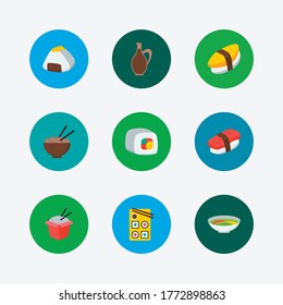 Food icons set. Futomaki and food icons with sauce, noodle and unagi nigin. Set of egg for web app logo UI design.
