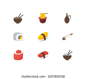 Food icons set. Futomaki and food icons with unagi nigin, sushi sticks and sauce. Set of elements including hawker for web app logo UI design.