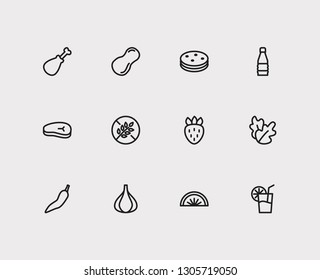 Food icons set. Garlic and food icons with juice, salad and peanut. Set of beverage for web app logo UI design.