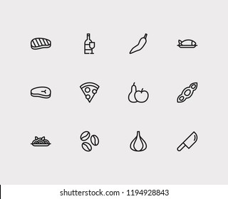 Food icons set. Garlic and food icons with seafood, pizza and meat beef. Set of tuna for web app logo UI design.