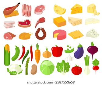 Food icons set. Groceries big bundle. Dairy products, vegetables, meat and cheese. Flat vector illustrations isolated on white background.