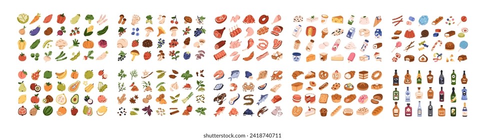 Food icons set. Groceries, nutritions, big bundle. Dairy products, fruits, vegetables, meat, fish, seafood, bakery and bread, alcohol drinks. Flat vector illustrations isolated on white background