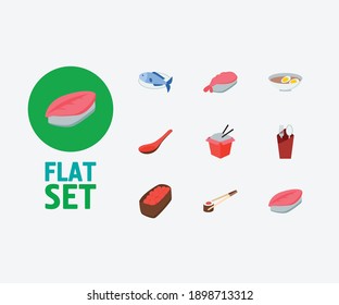 Food icons set. Gunkan and food icons with saba nigiri, egg soup and fork with spoon. Set of prepared for web app logo UI design.