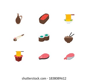 Food icons set. Gunkan and food icons with sushi sticks, spaghetti and salmon. Set of tuna for web app logo UI design.