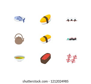 Food icons set. Gunkan and food icons with unagi nigin, sushi set and teapot. Set of egg for web app logo UI design.