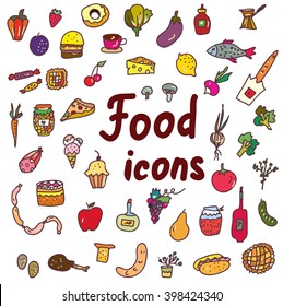 Food icons set - hand drawn design, vector illustration