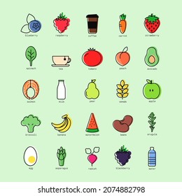 Food icons set. Healthy products, colored food and drink icons. Vector illustration.