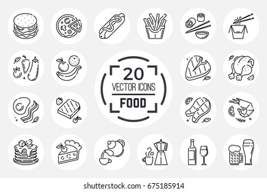 Food icons. Set includes vector outline icons of meat, fast food, coffee, breakfast, drinks & desserts. For web menu and application design