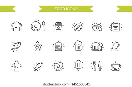 Food icons set isolated. Line art. Editable. Signs and symbols. Modern simple style. Fish, coffee, burger, beer, bread, chicken, meat, bottle, cup, ice cream, cutlery. Flat style vector illustration.