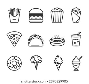 food icons set. junk food icon. fast food illustration. french fries, hamburger, pop corn, pizza, hot dog, ice cream, doughnut, and more.