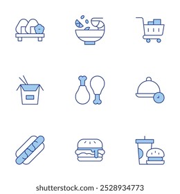 Food icons set. Line Duotone style, editable stroke. tom yum, lunch time, shopping cart, onigiri, fried chicken, burger, fast food, chinese food.